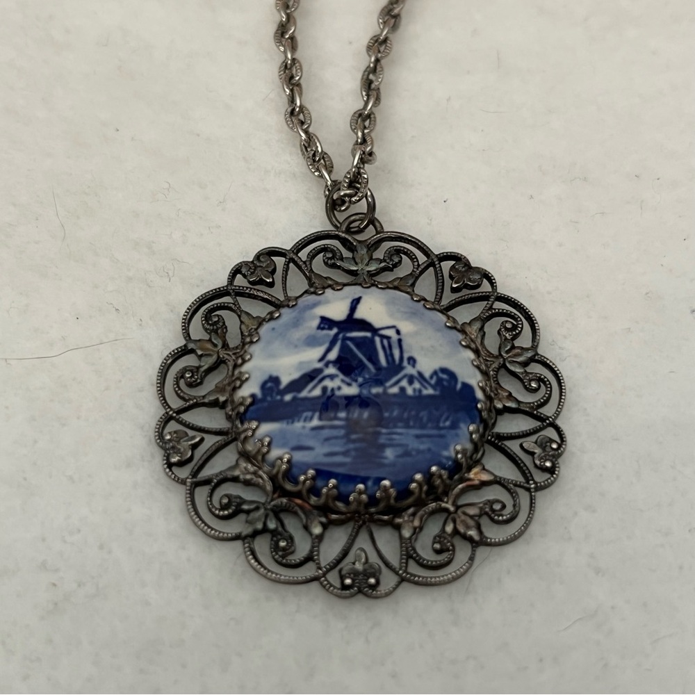 Vintage Handpainted Blue Windmill Silver Tone Filigree Pendant Necklace